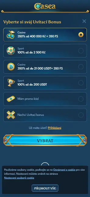 Casea: výběr uvítacího bonusu v češtině